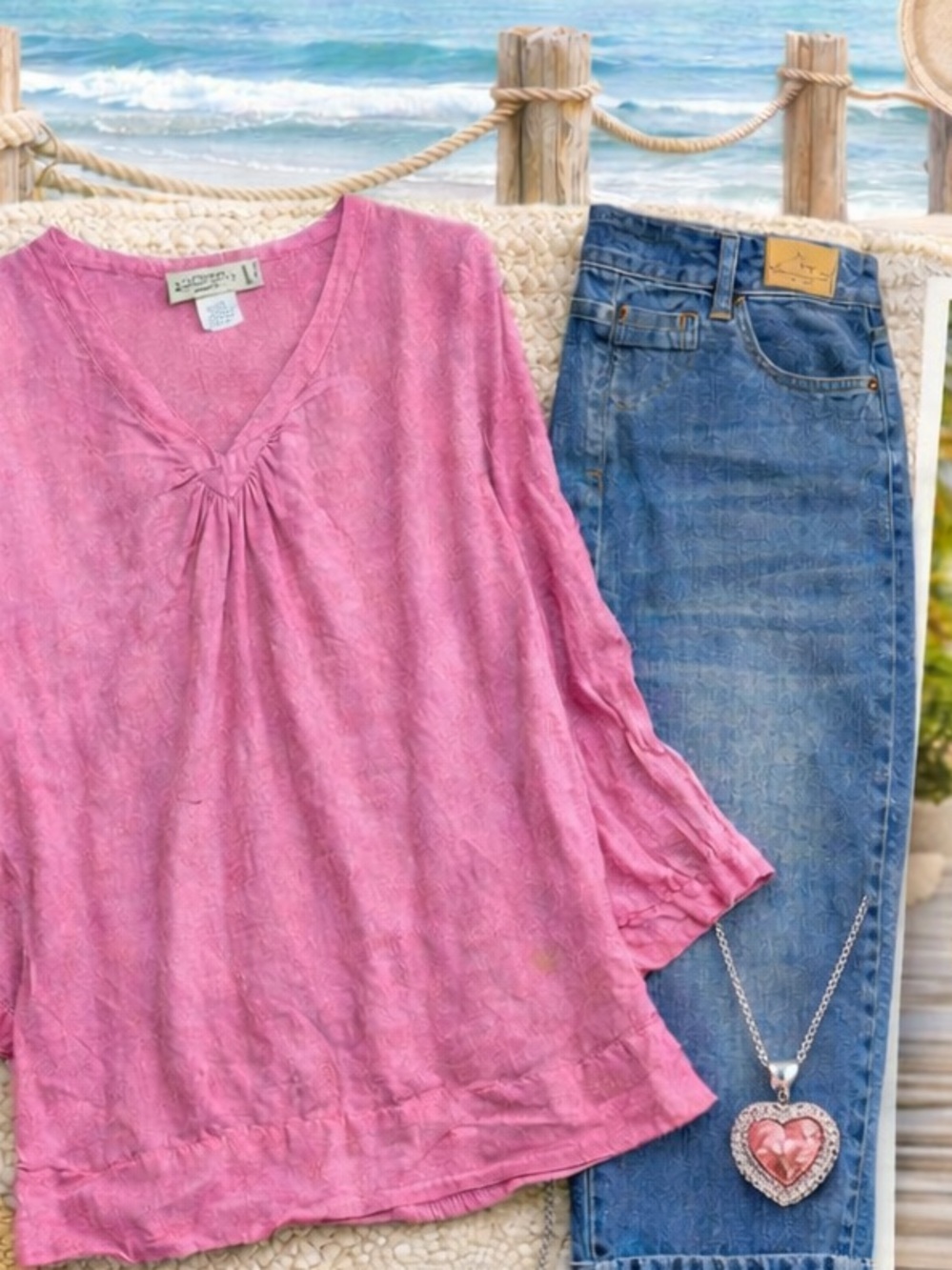 BUNDLE 3PC Vacation Bundle Pink Linen Top Croft & Barrow Capri Jeans Necklace - Picture 12 of 12